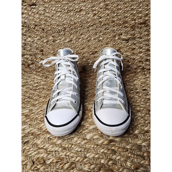 CONVERSE COATED SILVER GLITTER CHUCK TAYLOR ALL STAR KIDS Size 2 Hi Top - Picture 3 of 11